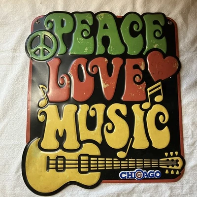 Letrero de metal hippie Peace Love Music 12"x14" aspecto retro vintage. En relieve Foto 1 de 3