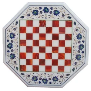 Mesa de ajedrez de esquina de café de mármol de 15" con incrustaciones de mosaico de múltiples piedras preciosas para patio artes - Imagen 1 de 3