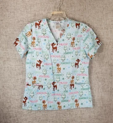 Rudolph the Red Nosed Reindeer Nurse Scrub Top Blue Adult Small Chest 38" - Image 1 of 4