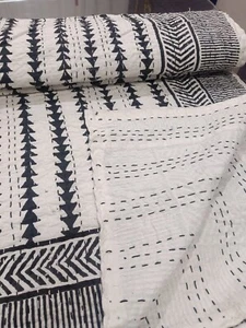 black & white Indian kantha throw handmade cotton quilt king size bedspread art - Picture 1 of 16