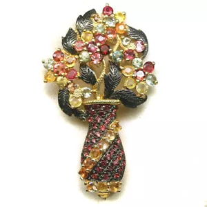 Spilla In Zaffiro Fancy Colorato A Due Toni In Argento 925 E Oro Nero 18K - Foto 1 di 4