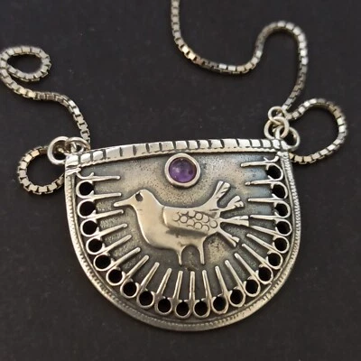 De Colección Artesanal ÚNICO Collar Plata 925 Pájaro Étnico Popular Colgante Amatista Israel Foto 1 de 4