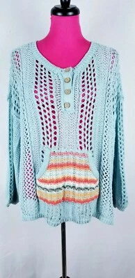 Pol Sweater Womens Size S Green Open Knit Kangaroo Pocket Dropped Shoulder - Image 1 of 4