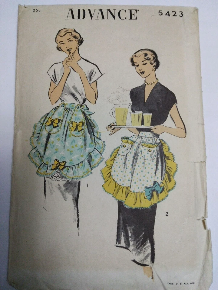 Half Waist Apron Pockets Ruffle 5423 Advance Sewing Pattern VTG 50s Cut Hostess - Image 1 of 4
