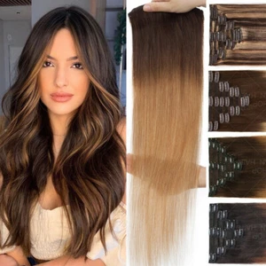 Extensiones de cabello humano real Ombre Balayage 8 PIEZAS ACLARAMIENTO COMPLETO de cabeza con clip en Remy - Imagen 1 de 39