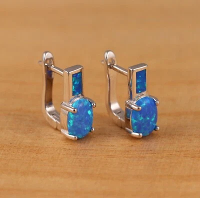 Solid 925 Sterling Silver Blue Opal Rectangle Shaped V-Hoop Earrings Gift Boxed - Image 1 of 4