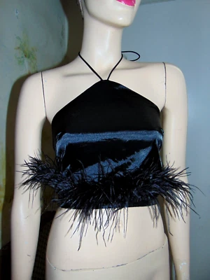 Blusa Top Y2K Negra Pluma de Avestruz Recortada Cami Halter Boho Hippie Coqueta 5 Foto 1 de 4