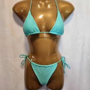 Markenlos türkis Bikini 2-teilig Größe S Triangel Neckholder Oberteil hohes Bein seitlich zum Binden frech - Bild 1 von 6