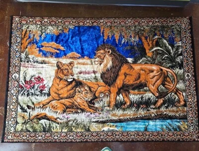 Vintage Lion Safari Wall Hanging Tapestry 4x6 Velvet Jungle Rug Boho Mural A++++ - Image 1 of 4