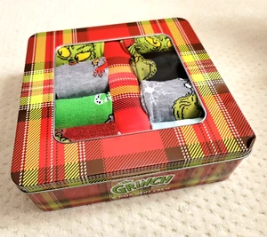 NIB THE GRINCH Dr Seuss Mens 8 PAIRS Christmas Crew Socks -Gift Box Tin Bioworld - Picture 1 of 4