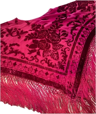 Scarlet Red Silk Burnout Velvet Piano Shawl Wrap Fringed Scarf Maya Matazaro - Image 1 of 4
