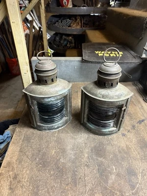 Nautical Ship Boat Marine Perko Oil Lamps Lanterns Red & Blue Set Pair Brass USA - Image 1 of 4