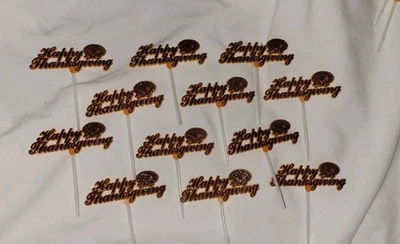 Conjunto de 12*Vintage Plástico FELIZ AÇÃO DE GRAÇAS Palitos de Cupcake*Toppers de Bolo - Imagem 1 de 3