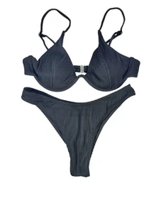 Black Ribbed Bikini Set Women’s Size M Underwire Push-Up Top & High Leg Bottoms - Picture 1 of 3