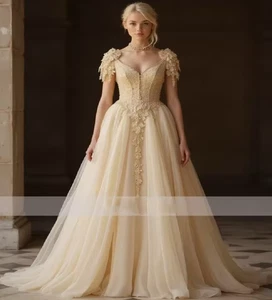 Impresionante Vestido de Novia Champagne Ligero Línea A Tul Encaje Vestidos de Novia - Imagen 1 de 9