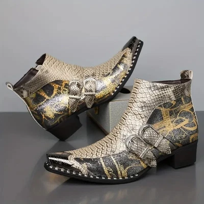 Men's Snakeskin Print Western Boots Side Zipper Ankle High chunky Heel Size 11 - Image 1 of 3
