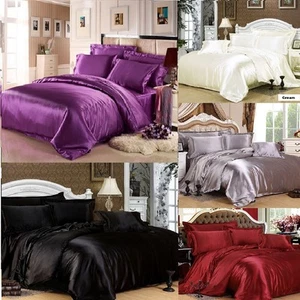 7pc Silk Satin Duvet Cover Silky Bedding Set Fitted Sheet 4 Pillow Cases Cushion - Picture 1 of 8