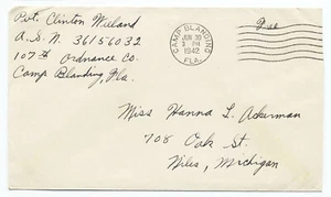 EE. UU. 1942 Correo de Soldado 107a Ordenanza Campamento Blanding Florida a MI XR - Imagen 1 de 2