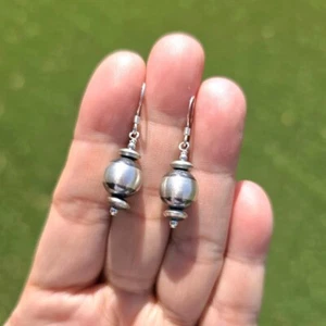 Native American Handmade Sterling Silver Bead 10mm Navajo Pearl Drop Earrings - Picture 1 of 5