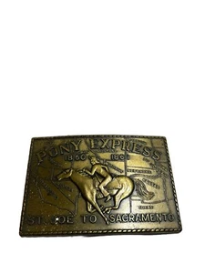 Vintage Belt buckle Solid Brass Pony Express St Joe To Sacramento Western Cowboy - Bild 1 von 2