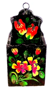 Folk Art Wall Box Hand Painted Flowers on Black Crude - Picture 1 of 9