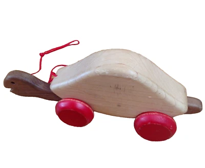 JUGUETE VINTAGE TORTUGA 11" MADERA HECHO A MANO ECO RUEDAS RODANTES ROJO MARRÓN EE. UU. Foto 1 de 4