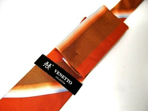 NWT Venetto Mens Necktie Tie & Pocket Square Orange Blue Striped 57" - Picture 1 of 4