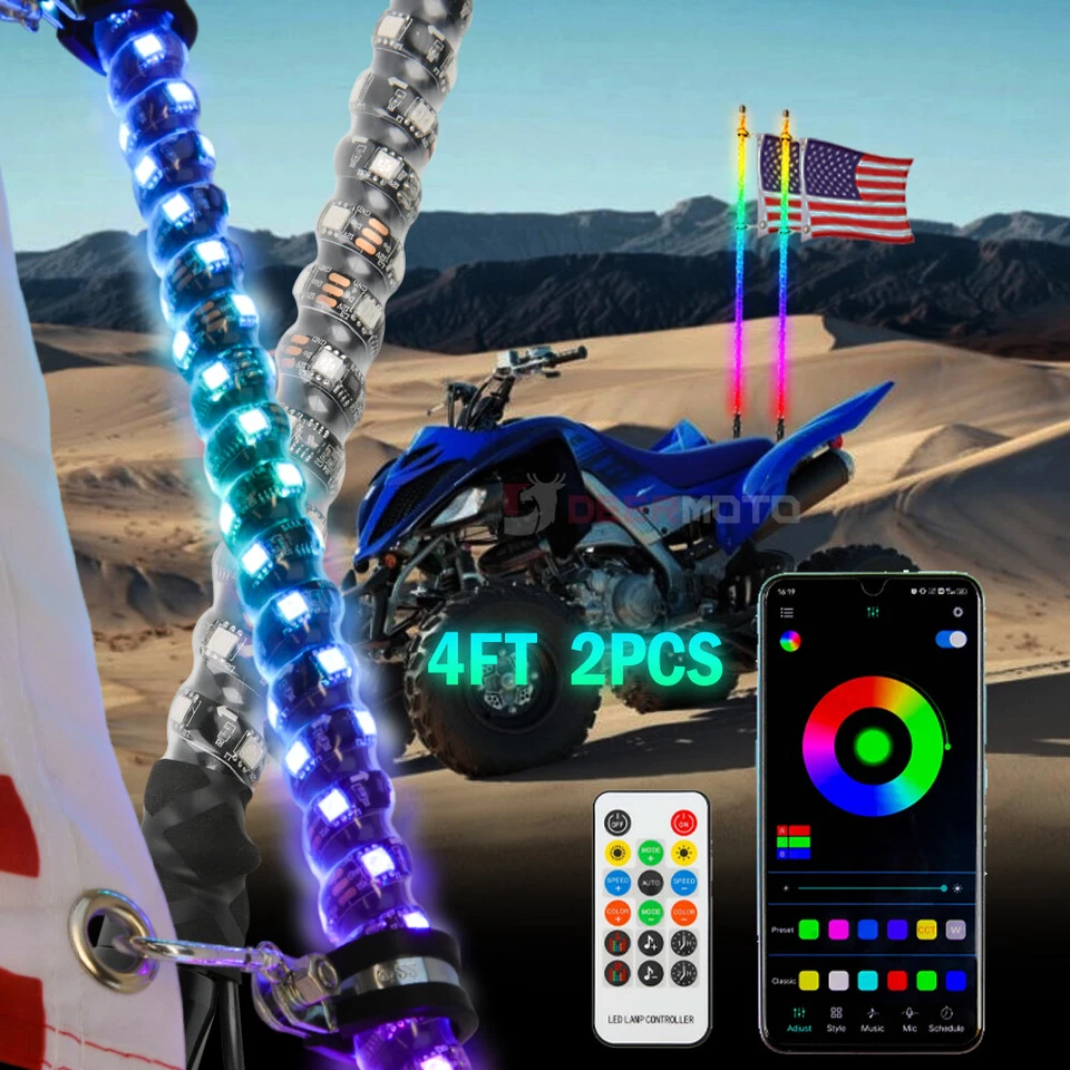 2 piezas 4 pies RGB espiral LED látigo luz antena persecución para Yamaha Raptor YFM ATV UTV Foto 1 de 4