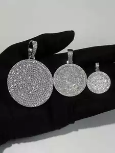 Real Solid 925 Silver CZ Iced Round Hip Hop Dog Tag Medallion Pendant Necklace - Picture 1 of 4