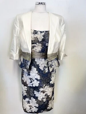 VESTIDO LÁPIZ Y CHAQUETA DE SEDA JOHN CHARLES GRIS, AZUL Y BLANCO ESTAMPADO FLORAL TALLA 10 Foto 1 de 4
