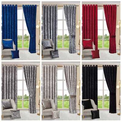 Plush Velvet Curtains Eyelet Ring Top Ready Made Fully Lined Curtains Tie Backs - Image 1 of 3
