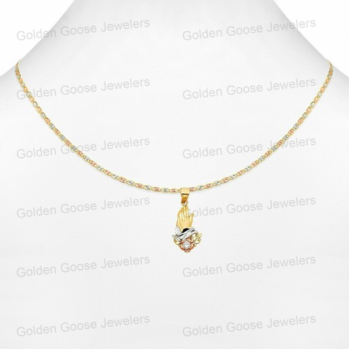Ciondolo piccolo zirconi mano preghiera oro giallo bianco 14 kt catena Valentino