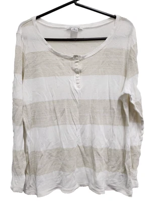 Suéter para mujer Liz Claiborne XL beige blanco metálico a rayas Henley Pullover Foto 1 de 4