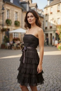 Y2K BCBG MaxAzria Größe 6 Braun Seidenkleid Straußenfedern Saum UVP 400. Neu mit Etikett - Bild 1 von 4