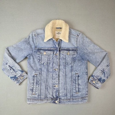 Chaqueta Hollister Mujer Pequeña Azul Denim Sherpa Forrada Jean Cremallera Completa Abrigo Camionero Foto 1 de 4