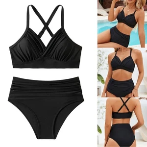 Women Ruched Swimsuit Two Piece High Waist Swimwears Ladies Push Up Bathing Suit - Picture 1 of 12