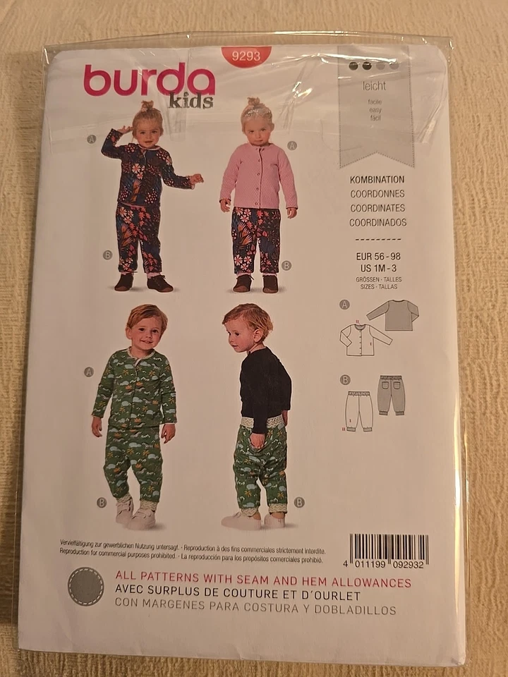 Burda Style Babies' Jacket  And Pants Size 1m - 3 Reversible Sewing Pattern 9293 - Image 1 of 2