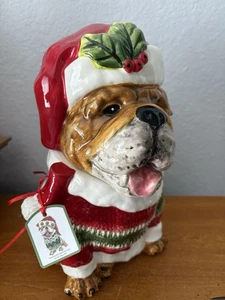 Blue Sky Clayworks Cookie Jar CHRISTMAS ENGLISH BULLDOG Santa Hat NWT - Picture 1 of 8
