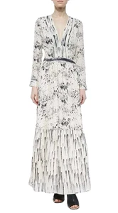 Haute Hippie Silk Maxi Dress Ivory Black Floral Feather Bouquet Size 6 Women - Picture 1 of 10