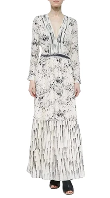 Haute Hippie Silk Maxi Dress Ivory Black Floral Feather Bouquet Size 6 Women - Image 1 of 4