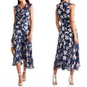 Vestido midi floral Saloni Rita mezcla de seda cuello en V volantes maxi sin mangas, talla 10 - Imagen 1 de 12