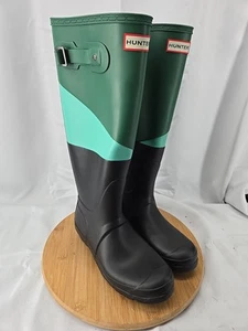 Women's Hunter Original Tall Rain Boots Green Teal Black Size 8 New Colorblock - Picture 1 of 9