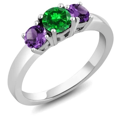 1.34 Cttw Simulated Emerald and Amethyst 3-Stone Ring For Women Set In 925 - Image 1 of 4