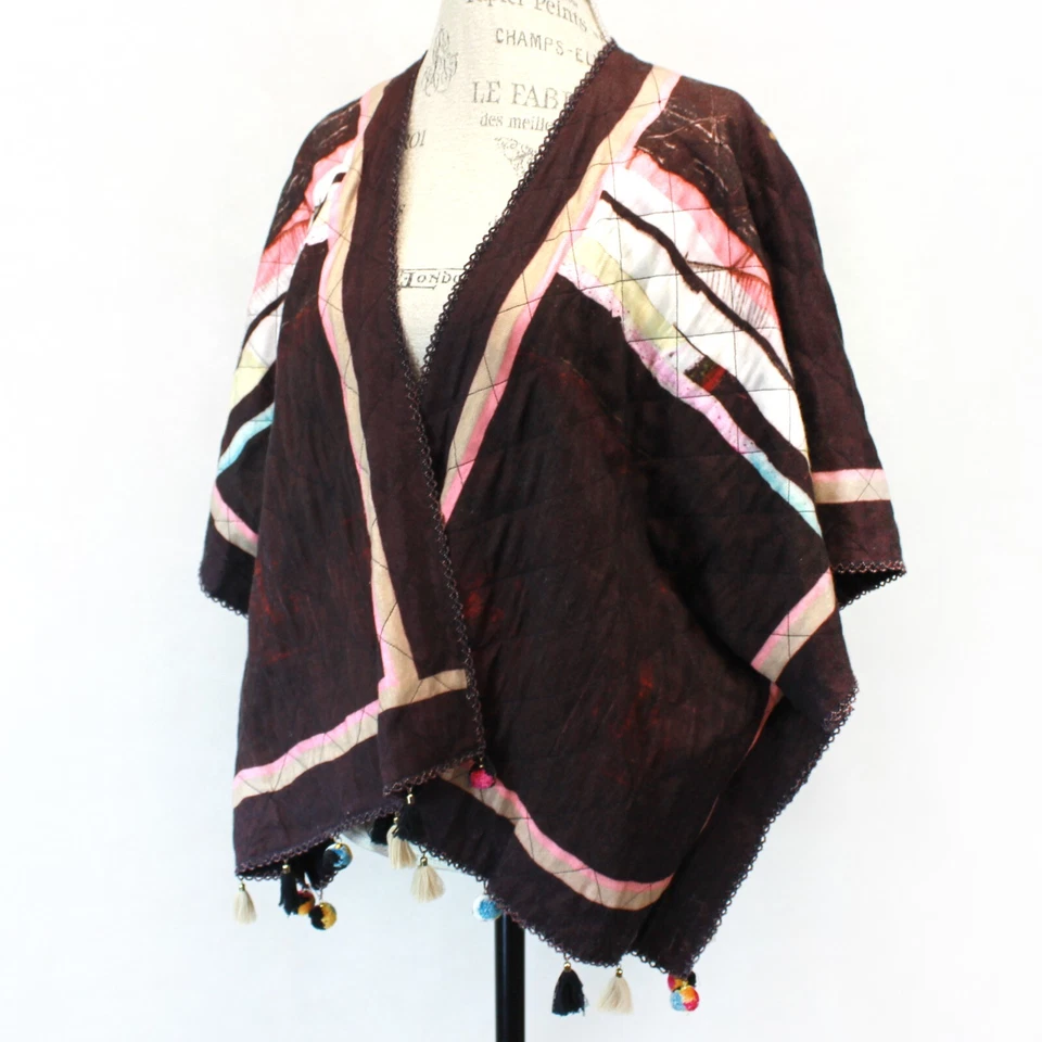 Bl^nk London Marrón Kimono Talla Única Negro Flecos Étnico Acolchado Poncho Chaqueta Foto 1 de 4