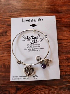 Angel Charm Bracelet Love This Life Silvertone Heart Angel Wings Bangle - Picture 1 of 5