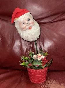 Vtg Kitschy Plastic Santa in Red Planter with Holly Christmas Decor 12” - Picture 1 of 5