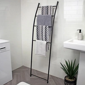 4 Tier Towel Rail Freestanding Ladder Rack Black Steel Bathroom Storage Holder - Picture 1 of 4