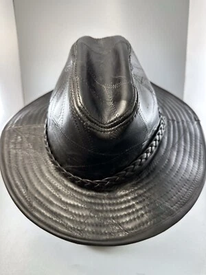 Sombrero de cuero negro genuino trenzado vintage informal Outfitters parche trabajo talla grande Foto 1 de 4