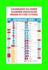 CALENDARIO 2021 CLASSICO OLANDESE DA MURO MULTICOLOR CALENDARI 2021