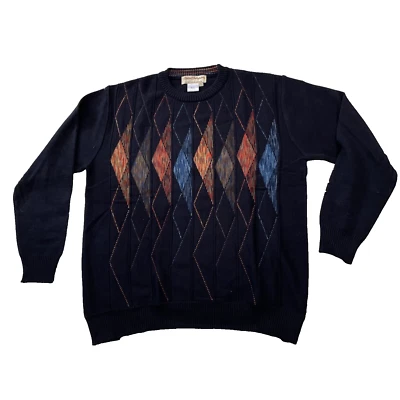 Suéter Italiano de Lana NORM THOMPSON Hombres L Azul Marino Naranja Retro Tejido Geométrico Foto 1 de 4